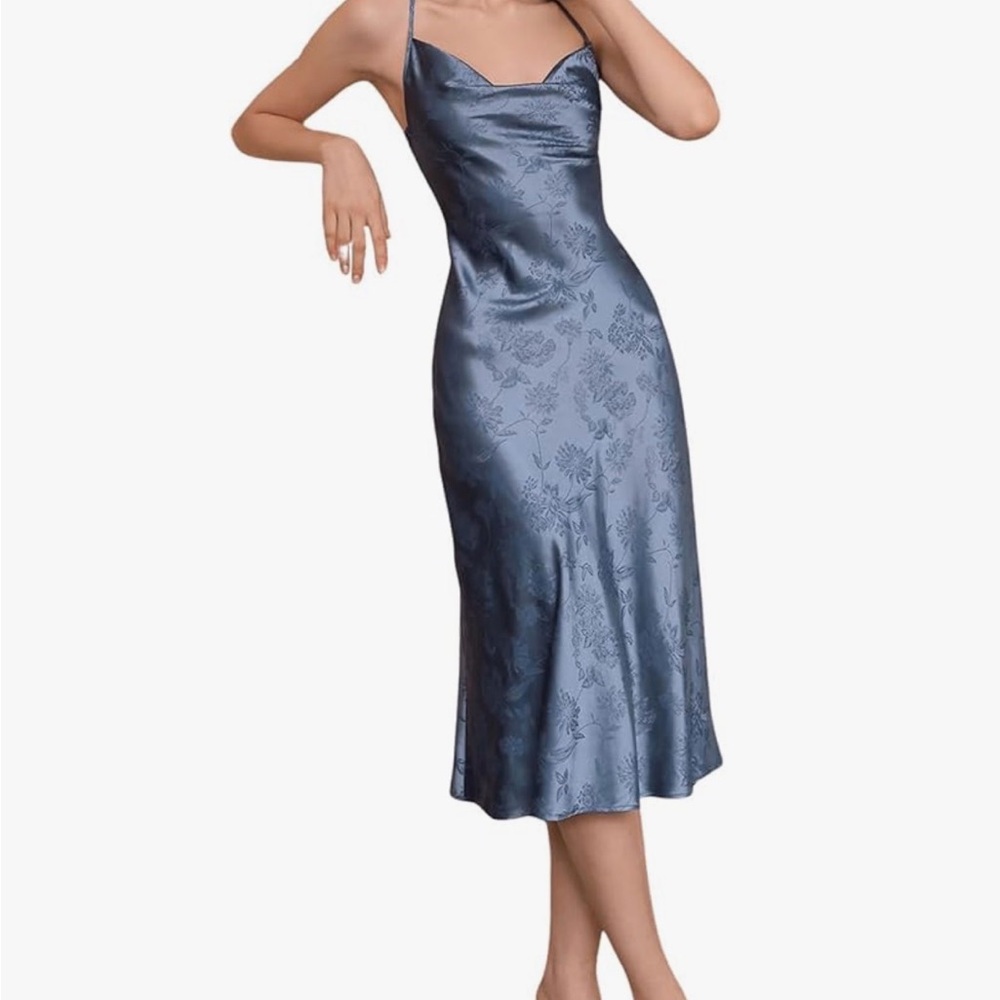 New- Satin Slip Dress in Steel Blue with Spaghetti Straps